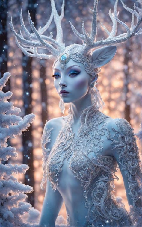 Winter Goddess Art, Moon Fairy Art, Dnd Feywild, Snow Elves, Female Centaur, Ice Fairy, Winter Goddess, Moon Goddess Art, Helloween Wallpaper