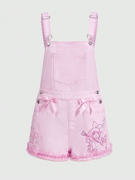 ROMWE Anime Cute Cartoon Characters & Star Printed Denim Overalls With Lace Trim & Bow DecorationI discovered amazing products on SHEIN.com, come check them out! Kawaii Overalls, Short Overalls Outfit, Overalls Outfit, Cute Cartoon Characters, Printed Denim, Denim Overalls, Kids Beachwear, Kawaii Fashion, Star Print