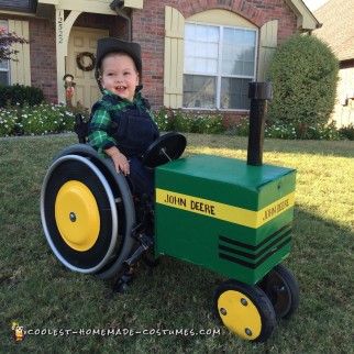 Wheelchair John Deere Tractor and Farmer Costume Tractor Costume, Farmer Halloween Costume, Wheelchair Halloween Costumes, Farmer Halloween, Farmer Costume, Wheelchair Costumes, Homemade Tractor, Amazing Halloween Costumes, Tractor Party