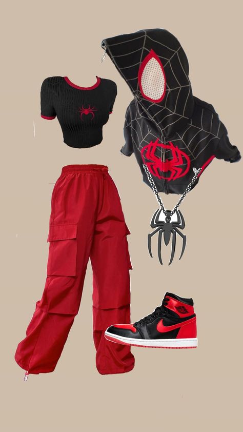 #outfit #outfitaesthetic #spiderman #milesmorales #spider #spidermannoir Outfits For Comicon, Spider Man Inspired Outfit Women, Miles Morales Style Outfit, Different Spiderman Suits, Spider Man Girl Costume, Spider Man Outfits Woman, Miles Morales Clothes, Spiderman Disneybound, Spider Themed Outfit