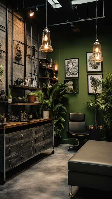 Tattoo Office Design, Green Black Walls, Private Tattoo Studio Interior, Green Esthetician Room, Tattoo Parlor Interior, Tattoo Room Studio, Studio Salon Ideas Small Spaces, Moody Salon, Tattoo Room Ideas