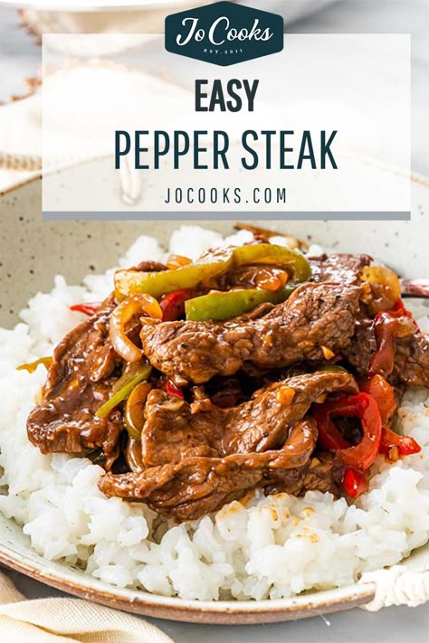 This Easy Pepper Steak recipe utilizes simple ingredients to create a bold and flavorful stir-fry dinner all in one pot, in just 30 minutes! #peppersteak #recipe Steak And Rice Recipes, Pepper Steak Recipe Easy, Pepper Steak And Rice, Steak And Rice, Pepper Steak Recipe, Slow Cooker Stuffed Peppers, Leftover Steak, Ground Beef Pasta, Jo Cooks