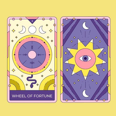 Wheel Of Fortune Tarot Illustration, Cool Tarot Cards, Tarot Graphic Design, Tarot Cards Illustration, Tarot Cards Design, Tarot Card Back, Tarot Card Illustration, Modern Tarot Cards, Tarot Illustration