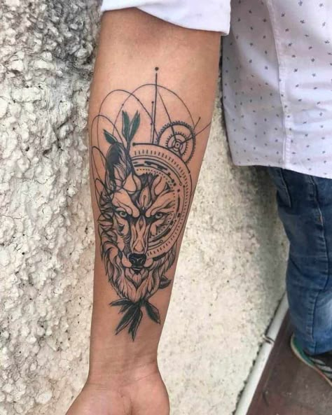 Small-Wolf-Forearm-Tattoo-angel_inkylicious-1229×1536 Grey Wash Tattoo Design, Geometric Tattoo Designs Men Forearm, Forarm Tattoos Mens, Wolf Forearm Tattoo, Tattoo Goat, Wolf Tattoo Forearm, Wolf Tattoo Ideas, Geometric Wolf Tattoo, Arm Tattoos For Guys Forearm