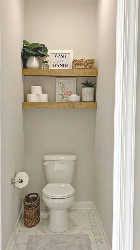 Water Closet Decor, Galley Laundry, Small Toilet Decor, Toilet Closet, Small Downstairs Toilet, Shelves Above Toilet, Building Shelves, Led Closet, Half Bathroom Decor