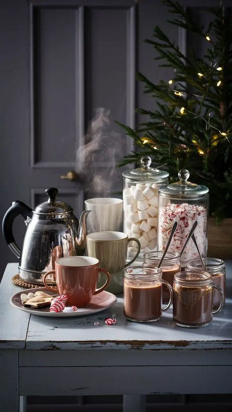 Cozy Hot Cocoa Bar Ideas for Winter Gatherings Blue Hot Cocoa Bar, Elegant Hot Cocoa Bar, Home Hot Chocolate Bar, Christmas Wedding Hot Chocolate Bar, Coffee Cocoa Bar Ideas, Thanksgiving Hot Chocolate Bar, Hot Coco Bar Idea Kitchen, Gourmet Hot Cocoa, Hot Cocoa Bar Aesthetic