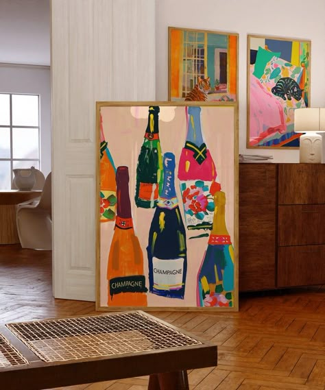 Champagne Poster, Dorm Room Decor, Bar Cart Print, Maximalist Decor, Champagne Problems, Champagne Wall Art, Feminist Poster, Funky Wall Art - Etsy Turkey Wall Set Up Decor, Fun Wall Art Bedroom, Fun Wall Art Ideas, Cool Paintings For Room, Funky Canvas Painting Ideas, Funky Painting Ideas, Paintings For Room Decor, Poster Ideas Aesthetic, Diy Art Paintings