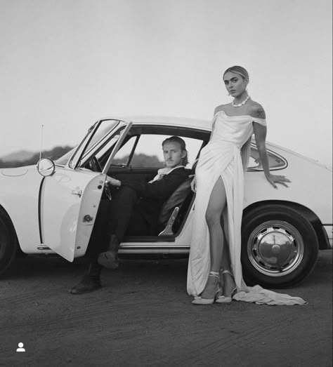 Jacquemus Runway, Wedding Day Aesthetic, Pink Jacquemus, Checkered Dance Floor, Retro Engagement Photos, Classic Car Wedding, Car Engagement Photos, Classic Car Photoshoot, Vintage Engagement Photos