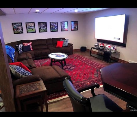 Buffalo Bills Basement by AmyPfister Buffalo Bills Basement, Buffalo Bills Man Cave, Man Cave Ideas Cheap, Golf Man Cave, Basement Man Cave, Outdoor Man Cave, Man Cave Games, Man Cave Furniture, Home Bar Design