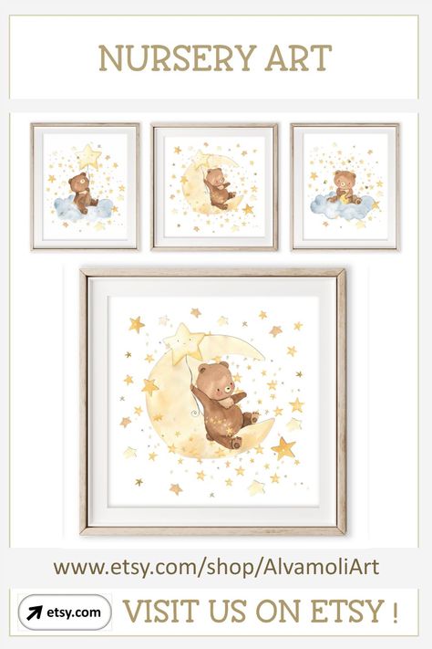 This set of 3 nursery art prints will look great in your baby's room ! Decorating the nursery with an animal theme is always a hit and these cute little bears playing among clouds, stars and the moon will look beautiful! They also make a nice gift for a baby shower and their digital format will allow you to give them more personal uses, for example you can print the smaller version and use it as a gift card. Visit us at www.etsy.com/shop/AlvamoliArt and see the whole collection. #bearnursery Teddy Bear Nursery Art, Teddy Bear Wall Art, Bear Nursery Art, Teddy Bear Nursery, Bear Wall Art, Bear Nursery, Printable Nursery Art, Room Decorating, Nursery Art Prints