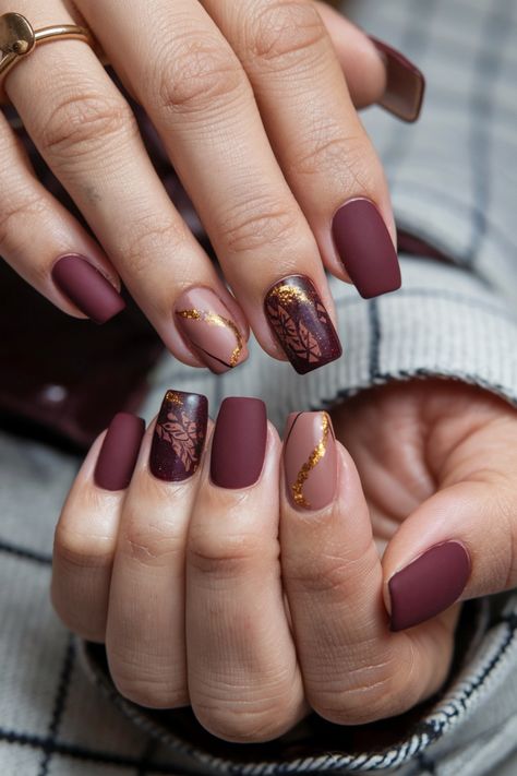 Dive into this stunning square nail design perfect for fall! Featuring rich burgundy hues paired with delicate gold foil accents, these nails capture the essence of the season with a contemporary flair. The squared tips provide a sleek silhouette that exudes elegance, making it the ideal choice for any autumn gathering. Let these fall nail ideas inspire your next manicure! 馃崅馃拝 #FallNailIdeas #SquareNails #AutumnManicure #NailArt Fall Nail Tips Autumn, Fall Nails Ideas Autumn Square, Autumn Gathering, Fall Wedding Nails, Fall Nail Ideas, Square Nail, Square Nail Designs, Sweater Nails, Red Nail Designs