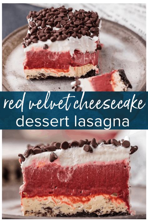 Lasagne Dessert, Rookie Red Velvet, Velvet Desserts, Dessert Lasagna, Red Velvet Desserts, Icebox Desserts, Velvet Cheesecake, Chocolate Lasagna, Cheesecake Dessert