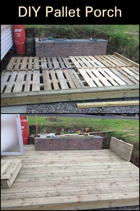 Diy Pallet Porch, Pallet Patio Decks, Pallet Porch, Pallet Deck Diy, Landscaping Ideas On A Budget, Pallets Diy, Building A Porch, Pallet Patio, Deck Designs Backyard