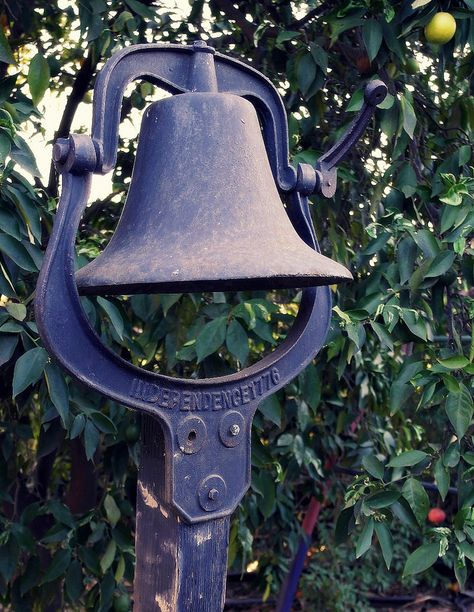 ˚Antique school bell - San Dimas, California Dinner Bell Post, San Dimas California, Cast Iron Bell, Bell Gardens, Antique Bell, Monument Signs, Ring My Bell, San Dimas, House Yard