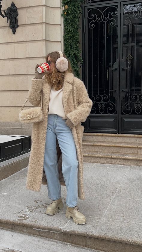 Winter Outfits With Earmuffs, Pink Earmuffs Outfit, Fuzzy Earmuffs Outfit, Fluffy Winter Outfits, Outfits With Earmuffs, Eat Muffs Outfit, Winter Outfits Earmuffs, Earmuffs Outfit Winter, Prada Combat Boots Outfit