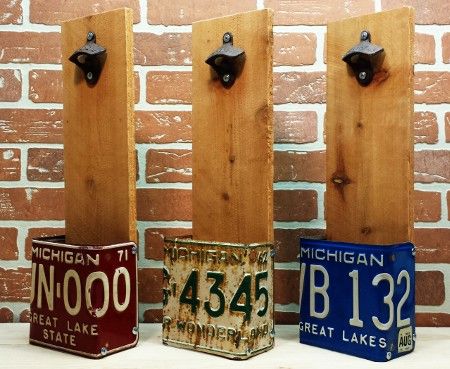 Diy Bottle Opener, Old License Plates, License Plate Art, Mounted Bottle Opener, Wall Mounted Bottle Opener, Beer Opener, Beer Bottle Opener, Plate Crafts, Diy Bottle