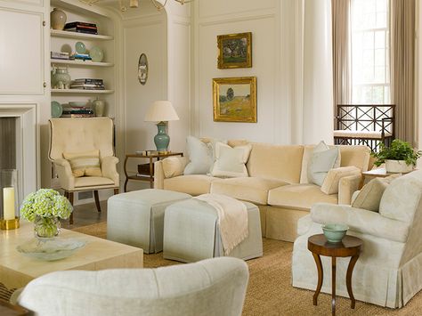 LUCY WILLIAMS INTERIORS BLOG- PHOEBE HOWARD Phoebe Howard, Howard Sofa, Farmhouse Living Room Lighting, Furniture Placement, Design Salon, Butter Yellow, Sofa Colors, Kick Pleat, Family Rooms