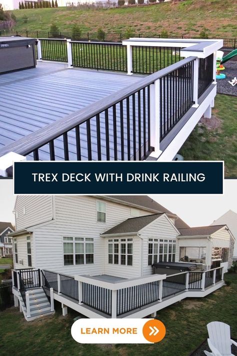 gray and white trex deck design with a black drink railing Deck Drink Rail, Trex Patio, Trex Deck Railing, Trex Deck Ideas, Deck Color Ideas, Trex Deck Designs, Composite Deck Ideas, Deck Styles, Porch And Deck Ideas