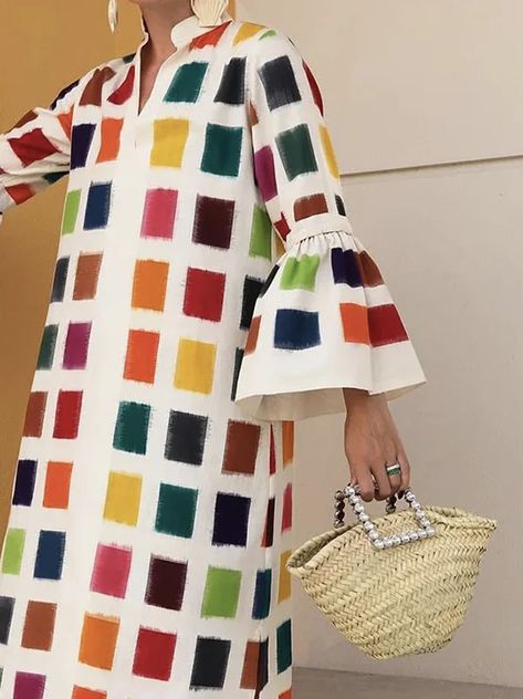 Original Flared Sleeves Split-Joint Multi-Colored Plaid Midi Dress Estilo Hipster, Midi Dress Style, Flare Long Sleeve, Women Long Sleeve Dress, Printed Blazer, Gowns Of Elegance, Green Midi Dress, Fashion Color, Women Maxi