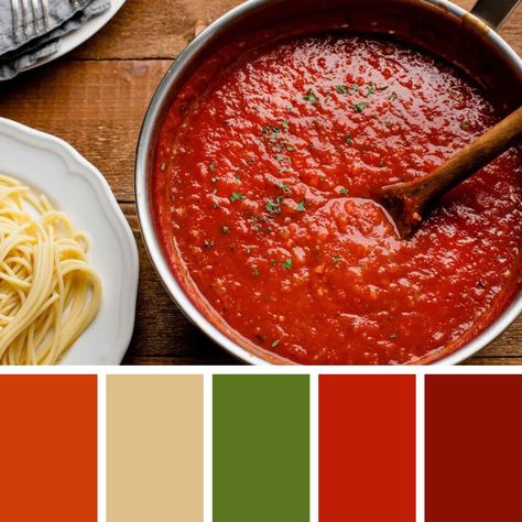 Pasta Color Palette, Pizza Color Palette, Tomato Sauce Spaghetti, Italian Color Palette, Pasta Logo, Identity Moodboard, Food Colors Palette, Pasta Restaurants, Tomato Color