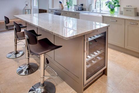 kitchen island with wine fridge - Google Search Breakfast Bar Kitchen Island, Modern Kitchen Island Design, Kitchen Island With Stove, Kitchen Island Storage, Model Dapur, Unique Kitchen Design, Bar Stools Kitchen Island, Breakfast Bar Kitchen, Island Bar