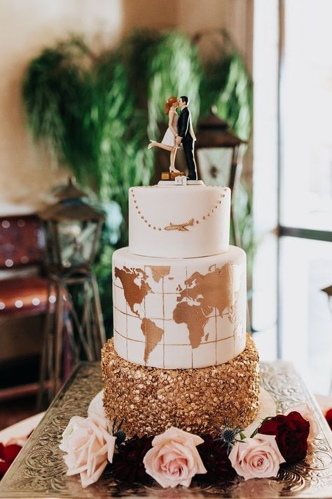 Travel Wedding Cake, Flying Plane, Villa Siena, Wedding Reception Party, Travel Cake, Winter Wedding Cake, Gilbert Arizona, Themed Wedding Cakes, Travel Theme Wedding