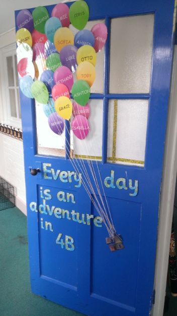 Classroom door decoration inspired by Up! the movie. Primary Classroom Displays, Chic Balcony, Year 1 Classroom, Classroom Door Displays, Wood School, Classroom Pictures, School Art Activities, School Door Decorations, Class Displays