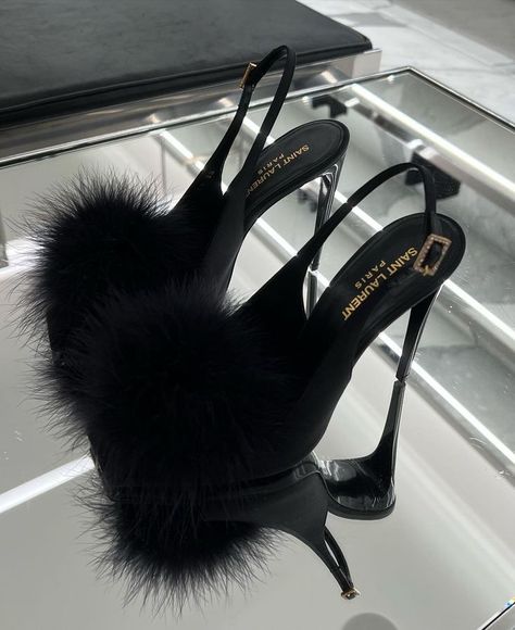 Heels With Fur, Elegant Shoes Heels, Saint Laurent Heels, Fluffy Heels, Feeling Alive, Heels Aesthetic, White Nike Shoes, Dr Shoes, Ysl Heels