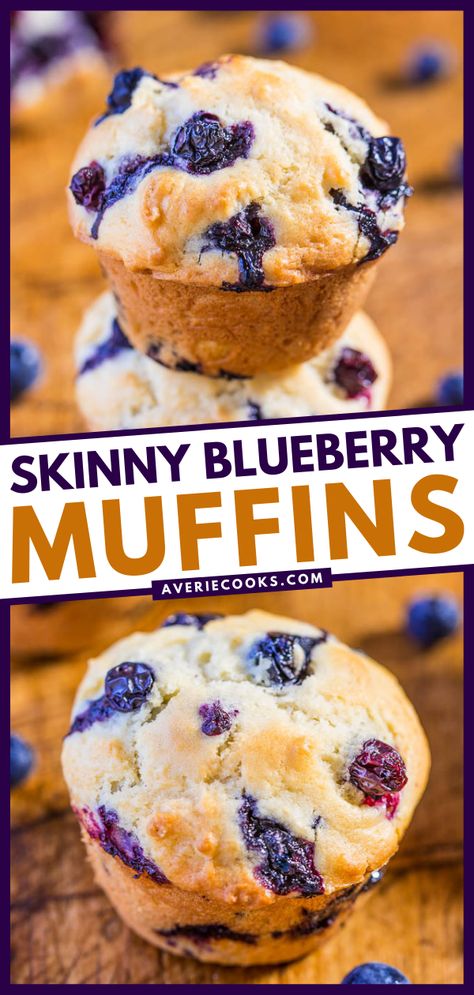 Healthy Blueberry Muffins (Low-Calorie & Low-Fat) - Averie Cooks Low Sugar Blueberry Muffins, Low Calorie Blueberry Muffins, Low Fat Blueberry Muffins, Sugar Free Blueberry Muffins, Greek Yogurt Blueberry Muffins, Low Fat Muffins, Low Calorie Muffins, Blueberry Yogurt Muffins, Mini Blueberry Muffins