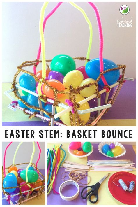 The Basket Bounce Easter STEM Challenge is the perfect STEM activity for spring! It even includes an optional relay race, which students LOVE! Modifications are included to help you make the challenge engaging and productive for students in grades 2 - 8. Click through to spring & Easter STEM Challenge hub to see video walk-throughs, blog posts & more for all 5 spring STEM Challenge activities! Easter Stem Challenge, Easter Stem Activities, Steam Activities Elementary, Holiday Stem Activities, Easter Stem, Easter Science, Spring Stem, Stem Boxes, Steam Lab