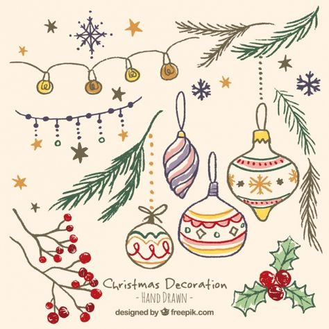 Hand drawn beautiful christmas ornaments in vintage style Free Vector Hand Lettering Envelopes, Merry Christmas Font, Beautiful Christmas Ornaments, Christmas Fonts Free, Christmas Tree Drawing, Ornament Drawing, Christmas Embroidery Patterns, Christmas Doodles, Christmas Card Art