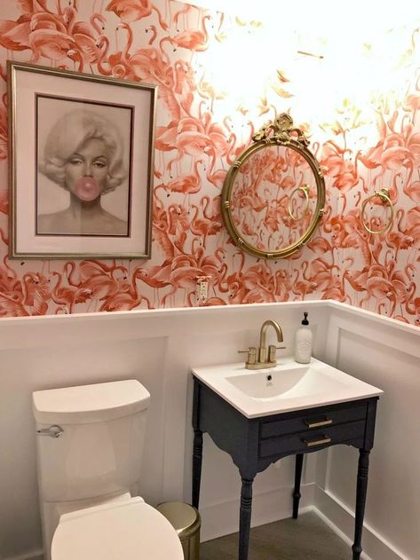 I wanted this bathroom to be a jewel box, a fun surprise when you open the door. Find out how I took this bathroom from gas station to glam without breaking the bank. Flamingo Powder Room, Bright Powder Room Ideas, Pink Powder Room Ideas, Jewel Box Room, Jewel Box Powder Room, Tiny Toilets, Funky Powder Room, Flamingo Bathroom Decor, Apartment Themes