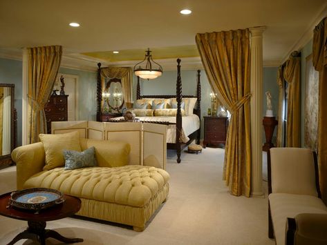 Curtain Living Room Ideas, Blue And Gold Bedroom, Traditional Bedrooms, Curtain Living Room, Gold Drapes, Tv Area, Bedroom Drapes, Ceiling Design Bedroom, Gold Bedroom