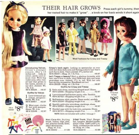 There was one doll that every little girl had on her Christmas list in 1970: Velvet. Velvet was the younger sister of Chrissy. Chrissy and Velvet had hair that could “grow” from shoulder length to midway down their back when you turned a knob. You could also get several cute outfits for Velvet and Christy and a hair care kit so you could style their luxurious locks. Velvet Dolls, Hair Care Kit, The Younger Sister, Younger Sister, Auburn Hair, Care Kit, Dark Eyes, Mod Fashion, Doll Hair