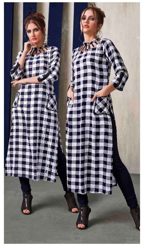 Checks Kurti Designs Latest, Print Frock Design, Check Kurti Designs, Checks Kurti Designs, Frock Design For Baby Girl, Indian Kurti Designs, Rayon Kurti, Designer Kurti Patterns, Kurti Patterns