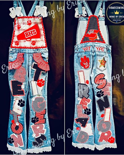 Homecoming Overalls Senior Diy, School Spirit Overalls Ideas, Overall Homecoming Ideas, Homecoming Jeans Ideas, Spirit Overalls, Senior Painted Jeans, Painted Overalls, Senior Crown Ideas, Homecoming Spirit Week