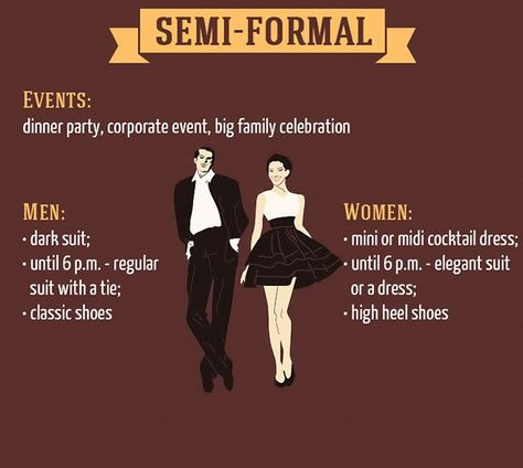 SEMI-FORMAL EVENTS Semi Formal Dress Code, Semi Formal Outfits For Women, Semi Formal Cocktail Dress, Dress Code Guide, Dress Etiquette, Cocktail Dress Code, Below The Knee Dress, Basic Dress Pattern, Formal Wedding Attire