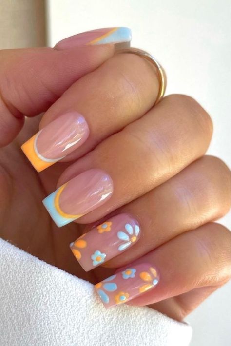 31 Blue Nail Ideas to Inspire Your Next Manicure | The Everygirl Design Acrylic Nails Art Ideas, Cute Nail Ideas Blue, Nail Inspired Summer, Blue And Orange Nail Ideas, Bluey Inspired Nails, Nail For Summer 2024, Nail Ideas Acrylic Summer 2024, Summer Acrylic Nail Designs 2024, Cute Square Nail Designs