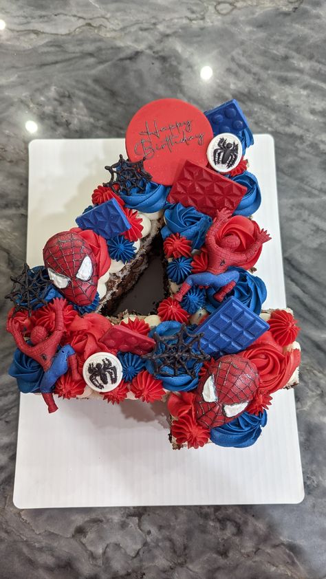 Spider man Number Cake Number Cake Spidey, Superhero Number Cake, Number 5 Spiderman Cake, Marvel Number Cake, Number 4 Spiderman Cake, Spider Man Number Cake, 4 Spiderman Cake, Number Cakes For Boys, 4 Cake Number