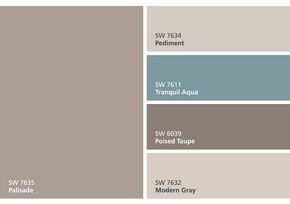 Sherwin Williams SW7635 Palisade, Sherwin Williams SW7634 Pediment, Sherwin Williams SW7611 Tranquil Aqua, Sherwin Williams SW6036 Poised Taupe, Sherwin Williams SW7632 Modern Gray #SherwinWilliamsSW7635Palisade SherwinWilliamsSW7634Pediment #SherwinWilliamsSW7611TranquilAqua SherwinWilliamsSW6036PoisedTaupe SherwinWilliamsSW7632ModernGray Poised Taupe, Taupe Bedroom, Bedrooms Ideas, Exterior Paint Colors For House, Paint Swatches, 아파트 인테리어, Iron Bed, Antique Iron, Interior Paint Colors