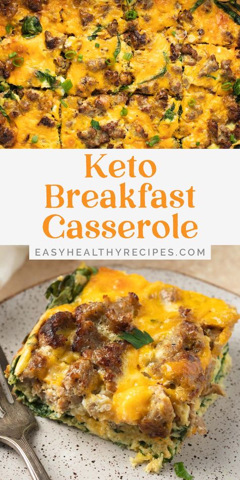 This keto breakfast casserole is perfect for meal prep, weekend brunch, and holiday breakfasts. With eggs, cheddar cheese, sausage, and spinach, this nutritious dish is gluten free and ultra low carb, with only 1g net carb per serving. Low Carb Egg Casserole, Keto Breakfast Casserole, Low Carb Breakfast Casserole, Casseroles Recipes, Desayuno Keto, Breakfast Casserole Recipe, Keto Breakfasts, Keto Recipes Breakfast, Keto Casserole