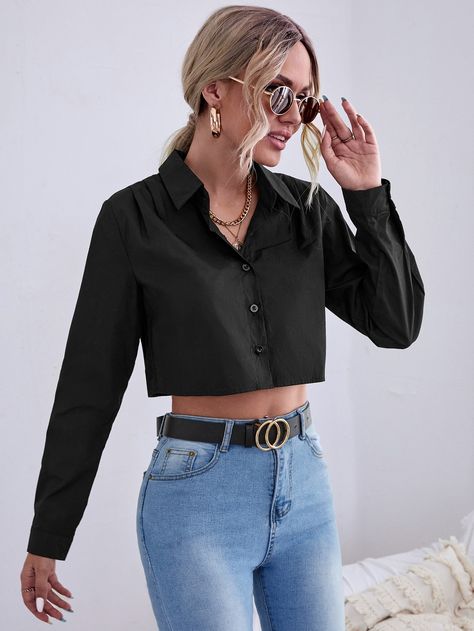 Crop Blouse Outfit, Cropped Button Up Shirt Outfit, Black Blouse Outfit, Cropped Shirt Outfit, Crop Shirts For Women, Black Shirt Outfits, Joy Dress, Best Shirt, Shirts Crop