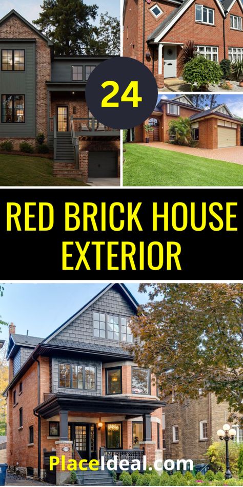 24 Stunning Red Brick House Exterior Ideas to Transform Your Home’s Curb Appeal and Style - placeideal.com Traditional Brick Home Exterior Makeover, Red Brick Homes Exterior, Brick House Exterior Ideas, Red Brick House Exterior Colors, Brick House Trim, Brick House Exterior Colors Schemes, Traditional Brick Home, Modern Shutters, Brick Ranch Houses