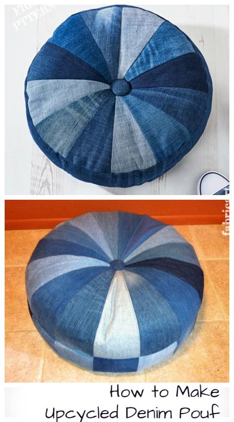 DIY Recycled Demin ottoman Free Sewing Patterns & Tutorials Återvinna Jeans, Denim Crafts Diy, Blue Jeans Crafts, Free Sewing Patterns, Free Sewing Pattern, Sew Ins, Denim Quilt, Jean Crafts, Denim Ideas