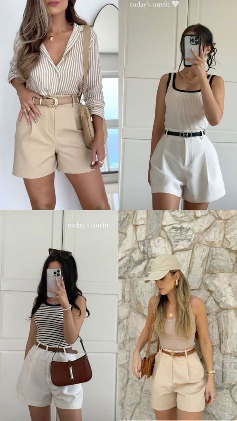 Trouser Shorts Outfit Summer, Libra Rising Style Outfits, Libra Lilith, Libra Venus Style Outfits, Short Trousers Outfit Women, Capricorn Venus Outfits, Outfit Para Brunch, High Waist Shorts Outfit, Trouser Shorts Outfit