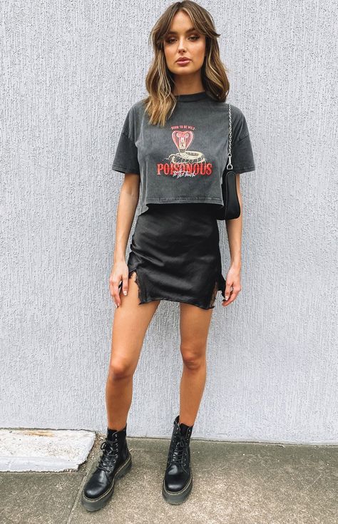 Lace Up Skirts Outfits Casual, Black Mini Slip Skirt Outfit, Black Leather And Lace Outfit, Black Skirt Rock Outfit, Going Out Alternative Outfits, Punk Going Out Outfits, Black Mini Skirt Graphic Tee Outfit, Going Out Outfits Gen Z, Short Black Silk Skirt Outfit