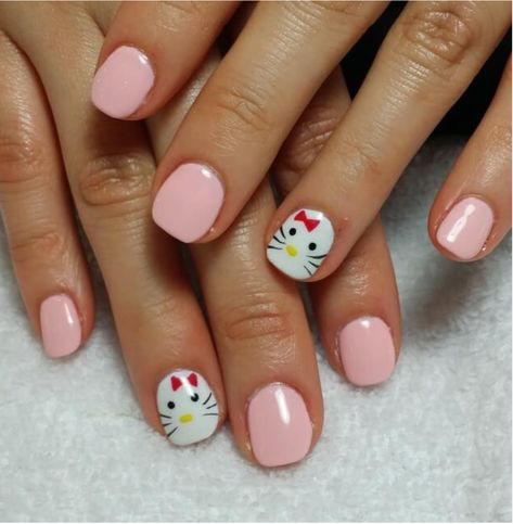 Fall Nails Kids, Hello Kitty Nails For Kids, Easy Hello Kitty Nails, Kids Hello Kitty Nails, Hello Kitty Gel Nails, Toddler Nail Ideas, Nails For Little Kids, Short Gel Nails Hello Kitty, Hello Kitty Nail Art Tutorial