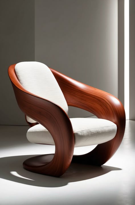 "An elegant armchair in a modern style is the perfect blend of refined design and natural materials. With its soft curves and rounded shapes, this chair looks like a work of art, creating an atmosphere of coziness and tranquility in the room. The base made of warm natural wood highlights the organic nature of the design, adding texture and visual interest. The white upholstery not only creates a clean, minimalist look but also makes the chair versatile for any interior. This piece of furniture is a great addition to a contemporary space, combining comfort and style." Organic Shaped Furniture, Unique Chair Design Creative, Organic Furniture Design, Live Edge Walnut Dining Table, Unique Chairs Design, Stylish Living Room Furniture, Curved Chair, Chair Design Wooden, Chair Design Modern