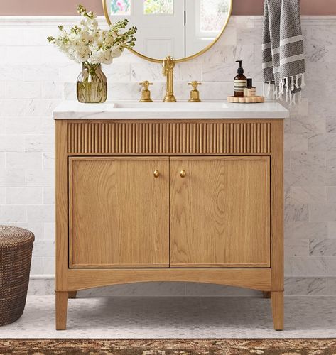 Islington 36" Single Vanity Modern Coastal Bathroom Vanity, Reeded Vanity Bathroom, Wood Vanity Powder Room, Fluted Vanity Bathroom, Unique Bathroom Vanities, Single Bathroom Vanity Ideas, Powder Room Vanity Small, 36” Bathroom Vanity, Rattan Bathroom Vanity