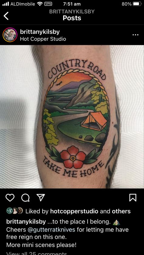 Rocky Top Tennessee Tattoo, Country Roads Tattoo Take Me Home, Country Roads Take Me Home Tattoo, Country Road Tattoo, Country Roads Tattoo, Open Road Tattoo, Road Tattoo, Tennessee Tattoo, Rocky Top Tennessee